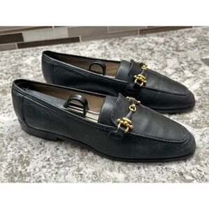 Bally Eunice Italy Black Leather Loafers Gold Tone Hardware Size 7.5M
